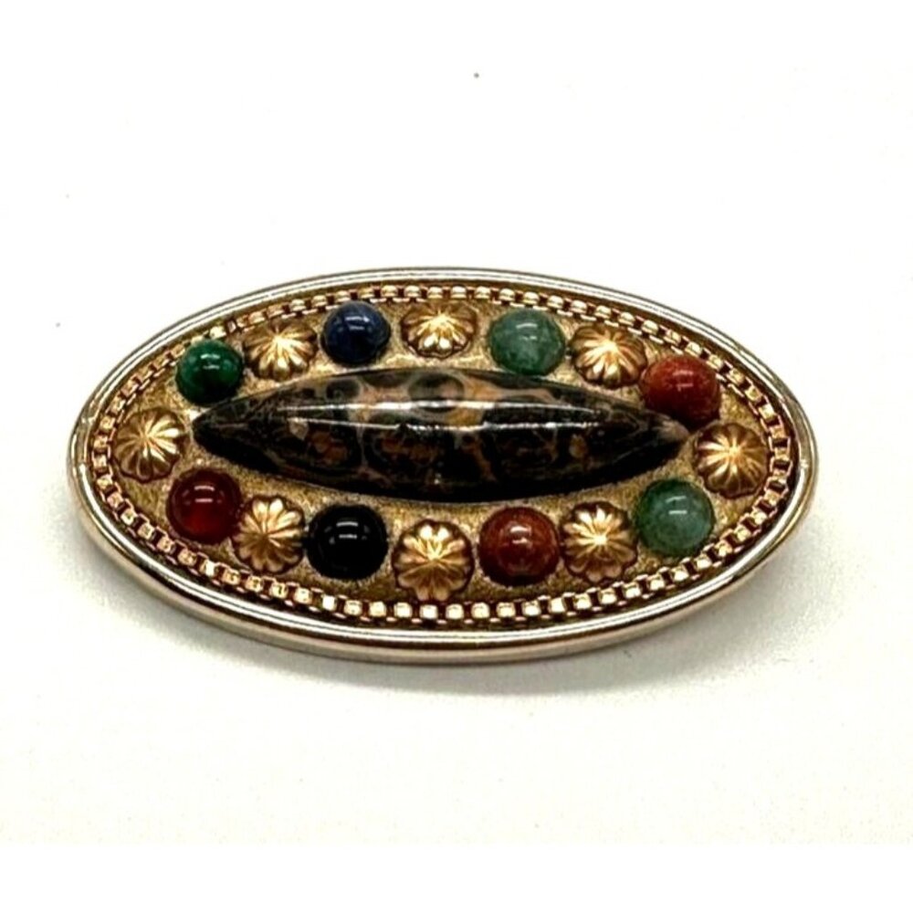 Michal‎ Golan 1.5" Oval Brooch Pin Pendant Gold Tone Goldstone Jasper Aventurine